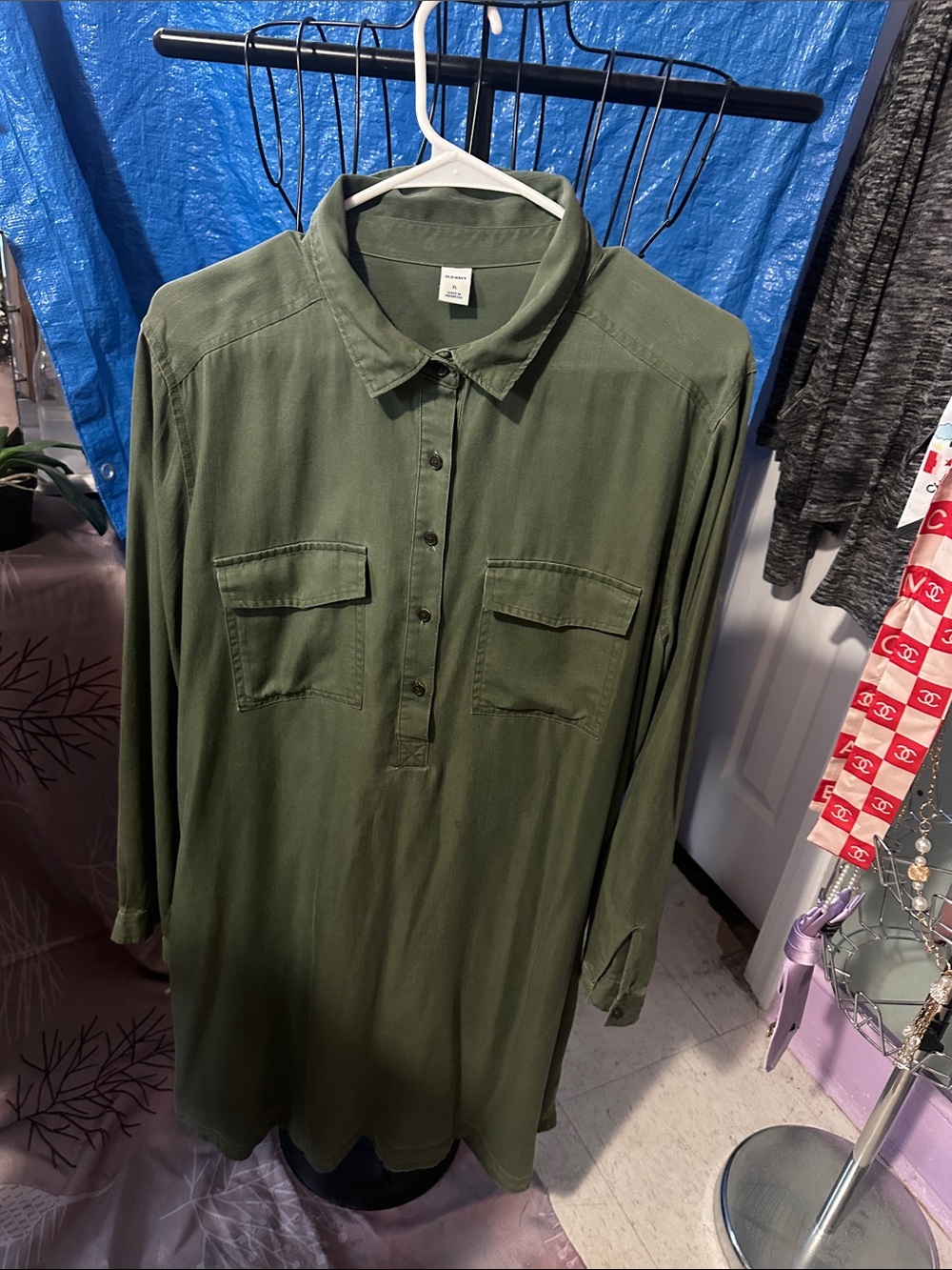 Olive Green Long Sleeve Shirt Dress